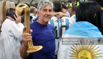 LUSAIL CITY, QATAR - DECEMBER 18: Jorge Messi, father and agent of Lionel Messi - holding his son's trophy of 'Best player of the World Cup - following the FIFA World Cup Qatar 2022 Final match between Argentina and France at Lusail Stadium on December 18, 2022 in Lusail City, Qatar. (Photo by Jean Catuffe/Getty Images)