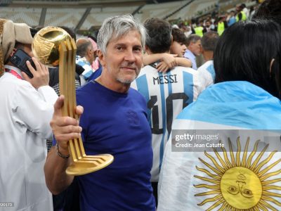 LUSAIL CITY, QATAR - DECEMBER 18: Jorge Messi, father and agent of Lionel Messi - holding his son's trophy of 'Best player of the World Cup - following the FIFA World Cup Qatar 2022 Final match between Argentina and France at Lusail Stadium on December 18, 2022 in Lusail City, Qatar. (Photo by Jean Catuffe/Getty Images)